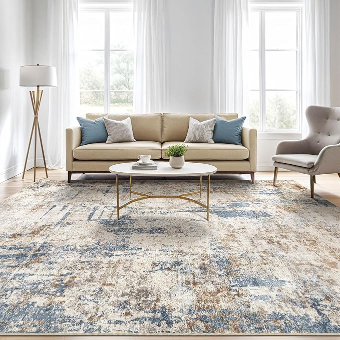 6x8Ft Area Rug Washable Rugs: Living Room Large Abstract Modern Soft Stain Resistant Indoor Floor Non-Slip Accent Carpet for Bedroom Nursery Playroom Office Dining Room Dorm Home House- Tan