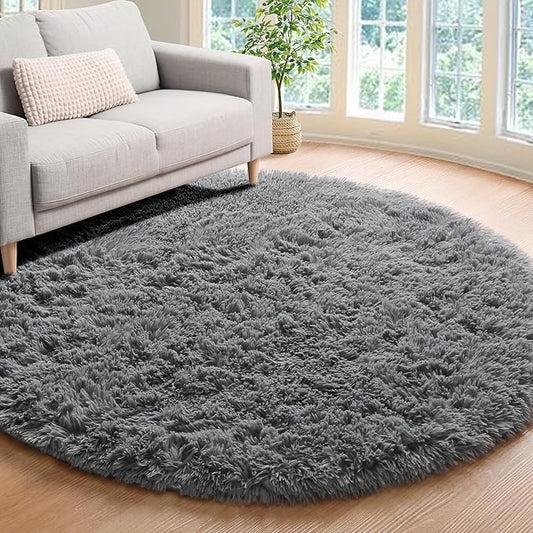 ONASAR Grey Round Area Rug 4ft, Gray Soft Bedroom Circle Throw Rugs for Kids Girls Boys Teen Dorm Room, Fluffy Plush Shaggy Carpet Mats for Nursery Living Room Playroom Home Office Decor Aesthetic