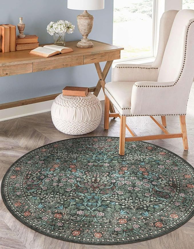 Boho Round Rug 4ft - Soft Washable Black Green Floral Round Bathroom Rug Non Slip Stain Resistant Vintage Botanical Circle Area Rugs for Living Room Bedroom Entryway Dining Room Office Nursery