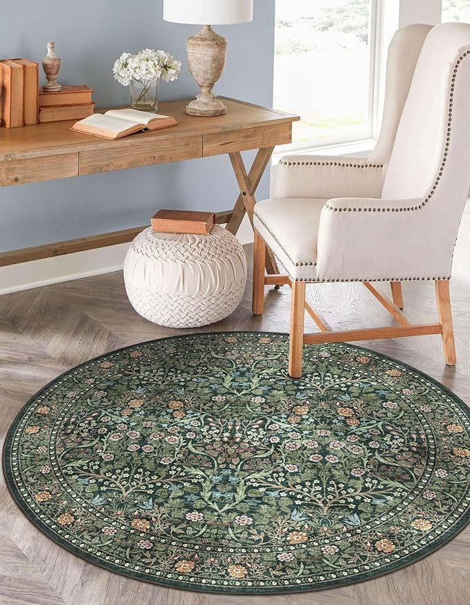 Green Round Rug 4ft - Soft Washable Boho Floral Round Bathroom Rug Non Slip Stain Resistant Vintage Botanical Circle Area Rugs for Living Room Bedroom Entryway Dining Room Office Nursery