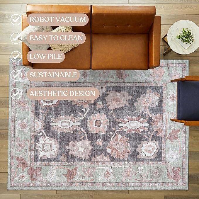 Fame Living Green Oushak Rug, Modern, Vintage, Turkish, Eclectic, Floral, Pastel, Washable, Large Area Rugs for Living Room, Dining, Bedroom, Girls, Boys, 7'5"x9'8"