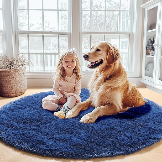 ONASAR Navy Blue Round Area Rug 4ft, Soft Bedroom Circle Rugs Floor Mat for Kids Girls Boys Teen Room, Fluffy Plush Shaggy Carpet for Baby Nursery Living Room Playroom Dorm Home Decor
