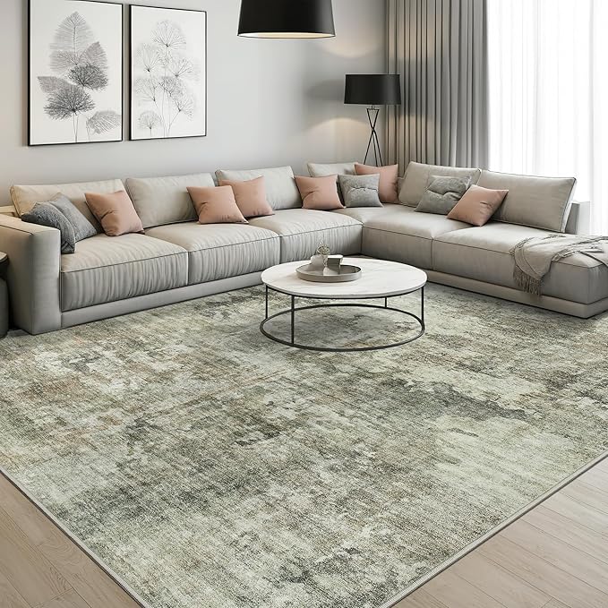 Area Rug 6x9 Abstract Living Room Washable Rugs Green Black Non Slip Low Pile Carpet for Bedroom Dining Room Foldable Thin