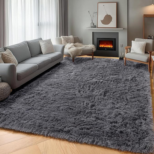 ONASAR Grey Area Rugs for Living Room Bedroom, 5x8 Gray Fluffy Shag Rug, Washable Ultra Soft Plush Shaggy Large Indoor Floor Carpet for Nursery Kids Girls Boys Teen Home Office Decor Aesthetic