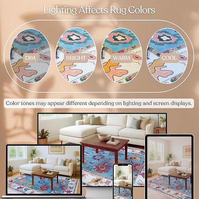 Fame Living Colorful Oushak Rug, Modern, Vintage, Turkish, Eclectic, Floral, Pastel, Washable, Area Rugs for Living Room, Dining, Bedroom, Nursery, Girls, Boys, 5'9"x8'9"