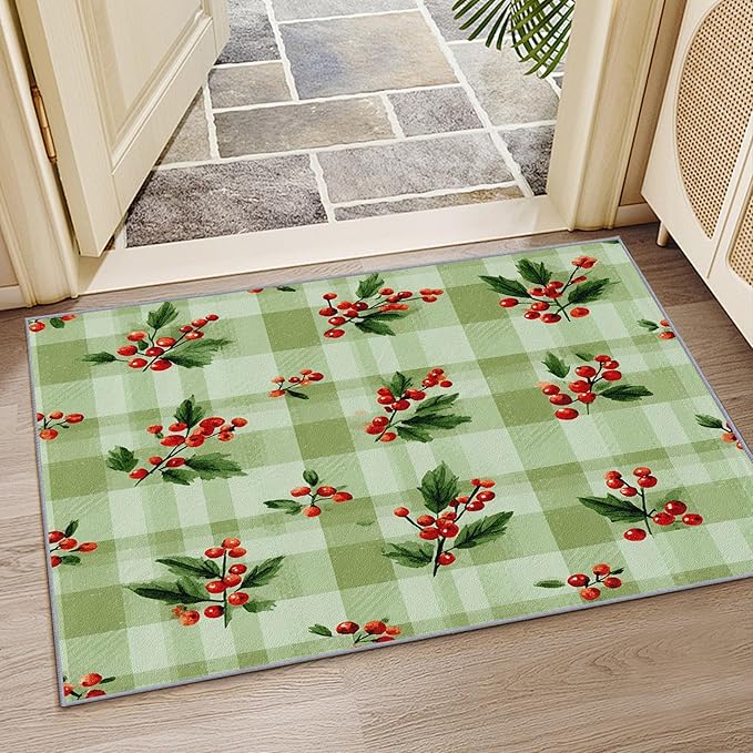 Christmas Area Rug, 7x9 Rug for Bedroom, Xmas Holly Berry Green Buffalo Plaid Washable Rugs for Living Room, Non Slip Soft Low Pile Stain Resistant Carpet, Rustic Farmhouse Room Decor