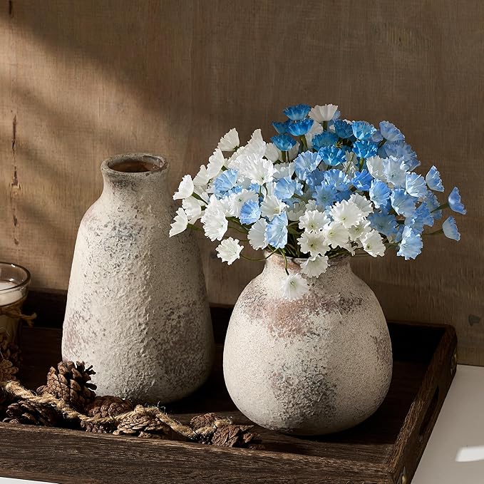 Ceramic Vase Set of 2 for Home Decor, Handcrafted Vintage Terracotta Vases, Rustic Farmhouse Decor, Minimalist Decorative Vase Set for Table Centerpiece Fireplace Nightstand Decoration - Brown