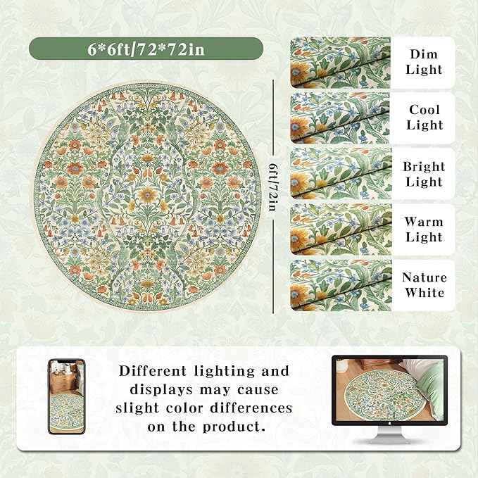 Round Rug 6ft Grass Green Washable Floral Circle Rug,Vintage Boho Botanical Round Area Rugs, Non-Slip Soft Low-Pile Circular Carpet for Bedroom,Kids Room,College Dorm,Home Decor