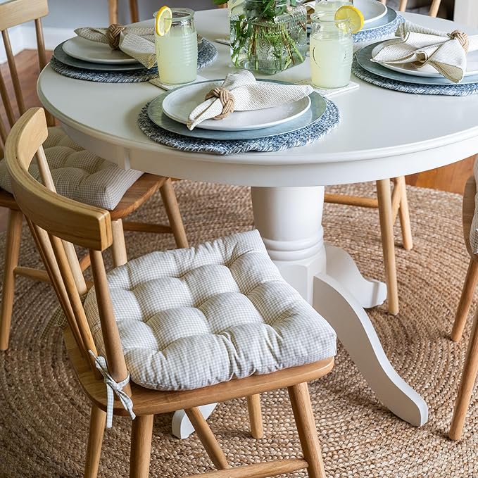 Barnett Home Decor Chair Cushions for Dining Chairs - 16.5x18 Kitchen Chair Cushions - Machine Washable, 100% Cotton, Made in USA - Latex Foam Chair Pads - Madrid Natural Gingham Medium Pack of 4