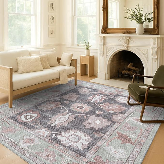 Fame Living Green Oushak Rug, Modern, Vintage, Turkish, Eclectic, Floral, Pastel, Washable, Large Area Rugs for Living Room, Dining, Bedroom, Girls, Boys, 7'5"x9'8"