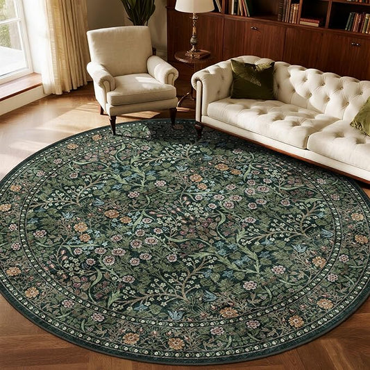 Green Round Rugs 8ft - Soft Washable Boho Floral Bedroom Circle Rug 8x8 Stain Resistant Botanical Dining Room Rugs for Under Round Table Vintage Area Rug for Living Room Home Office