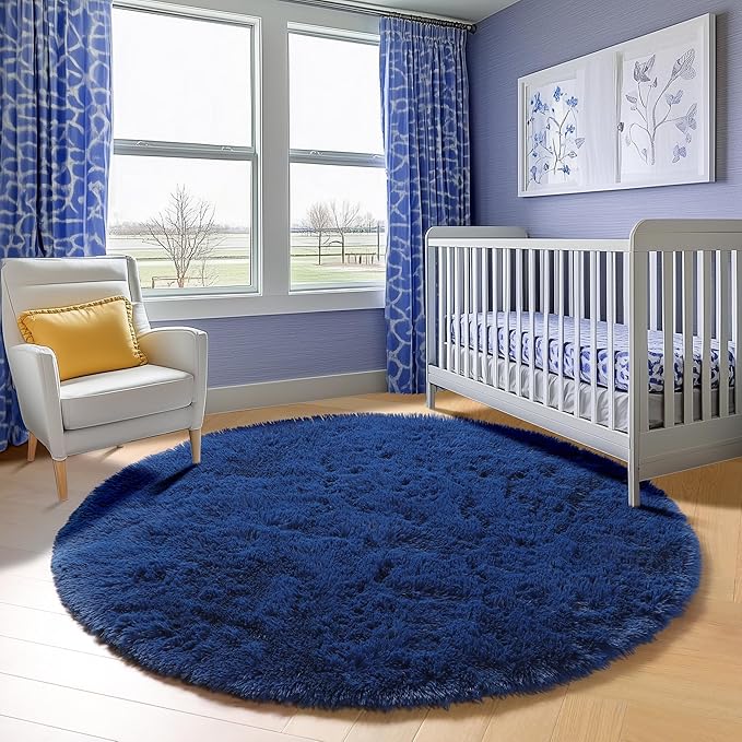 ONASAR Navy Blue Round Area Rug 4ft, Soft Bedroom Circle Rugs Floor Mat for Kids Girls Boys Teen Room, Fluffy Plush Shaggy Carpet for Baby Nursery Living Room Playroom Dorm Home Decor
