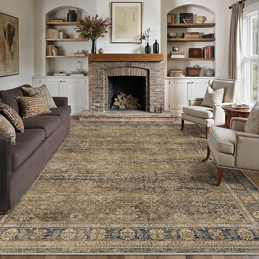 8x10 Washable Rugs for Living Room Brown Vintage Distressed Large Area Rug Non Slip Low Pile Floral Carpet Indoor Office Retro Rug for Bedroom Dining Room