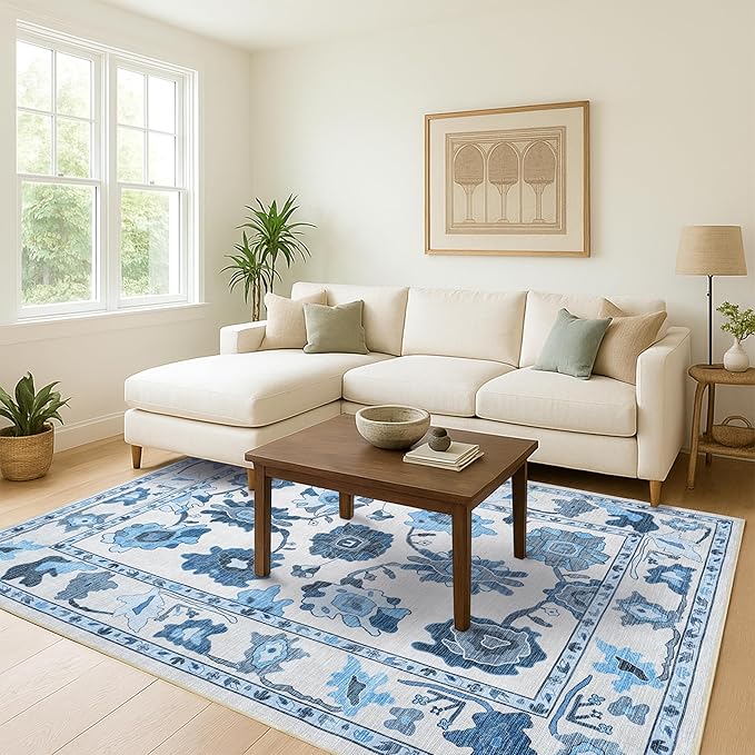 Fame Living Navy Blue Oushak Rug, Modern, Vintage, Turkish, Eclectic, Floral, Pastel, Washable, Large Area Rugs for Living Room, Dining, Bedroom, Girls, Boys, 7'5"x9'8"