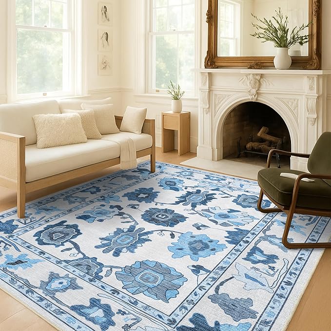 Fame Living Navy Blue Oushak Rug, Modern, Vintage, Turkish, Eclectic, Floral, Pastel, Washable, Large Area Rugs for Living Room, Dining, Bedroom, Girls, Boys, 7'5"x9'8"