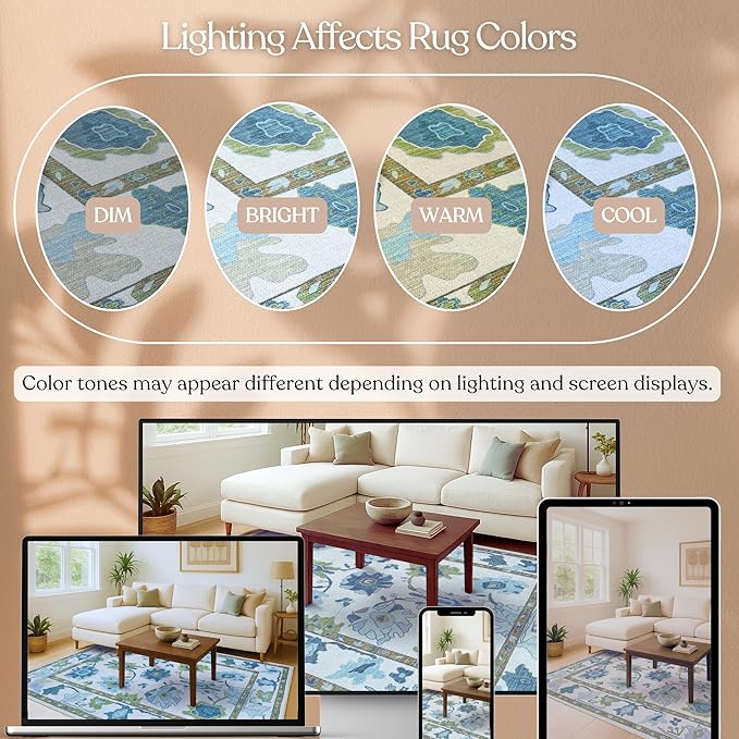 Fame Living Green Oushak Rug, Modern, Vintage, Turkish, Eclectic, Floral, Pastel, Washable, Area Rugs for Living Room, Dining, Bedroom, Nursery, Girls, Boys, 5'9"x8'9"