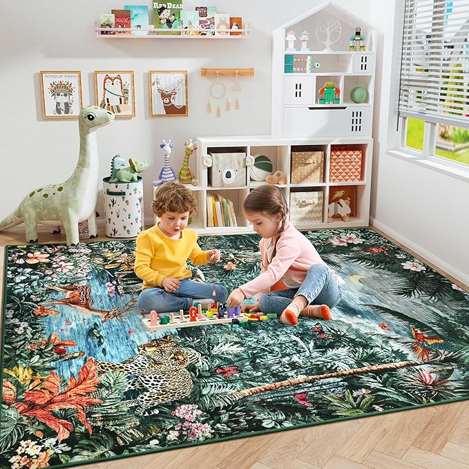Amearea Jungle Print 5x7 Area Rug for Living Room, Washable Forest Animal Rugs for Bedroom, Low Pile Kids Nursery Room Rug, Leopard Rug Carpet for Boys Girls Playroom Dining Room Decor, Dark Green