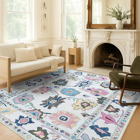 Fame Living Colorful Oushak Rug, Modern, Vintage, Turkish, Eclectic, Floral, Pastel, Washable, Large Area Rugs for Living Room, Dining, Bedroom, Girls, Boys, 7'5"x9'8"