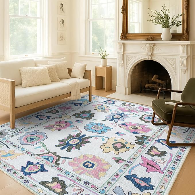 Fame Living Colorful Oushak Rug, Modern, Vintage, Turkish, Eclectic, Floral, Pastel, Washable, Area Rugs for Living Room, Dining, Bedroom, Nursery, Girls, Boys, 5'9"x8'9"