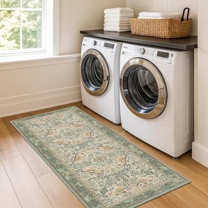 Sage Floral Kitchen Runners - 2x5 Runner Rug for Hallway Bathroom Laundry Room Bedroom Beside Bed Entryway, Boho Birds Leaves Patterned Non Slip Low Pile Washable Rugs