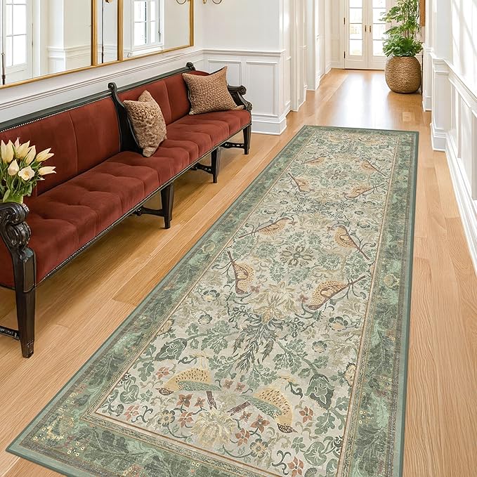 8ft Long Floral Kitchen Runners - Sage 2x8 Runner Rug for Hallway Bathroom Laundry Room Bedroom Beside Bed Entryway, Boho Birds Leaves Patterned Non Slip Low Pile Washable Rugs