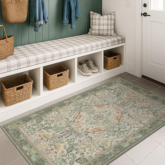 Boho Large Entryway Rugs Indoor - Sage Green 3x5 Washable Rugs for Kitchen Bedroom Beside Bed Laundry Room Door Mat Indoor Entrance with Light Green Woodland Flowers, Non Slip Stain Resistant Low Pile
