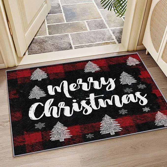 Christmas Area Rug, 6x8 Rug for Bedroom, Xmas Tree Snowflake Holiday Washable Rugs for Living Room, Non Slip Soft Low Pile Stain Resistant Carpet, Merry Christmas Room Decor