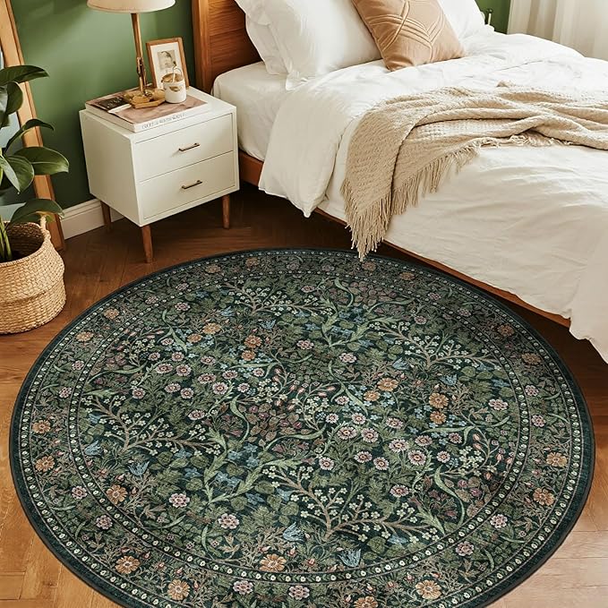 Green Round Rugs 8ft - Soft Washable Boho Floral Bedroom Circle Rug 8x8 Stain Resistant Botanical Dining Room Rugs for Under Round Table Vintage Area Rug for Living Room Home Office