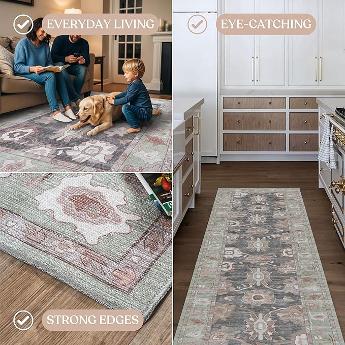 Fame Living Green Oushak Rug, Modern, Vintage, Turkish, Eclectic, Floral, Pastel, Washable, Large Area Rugs for Living Room, Dining, Bedroom, Girls, Boys, 7'5"x9'8"