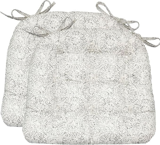 Barnett Home Decor Dining Chair Cushions with Ties – Size Small 15 x 17 - Latex Foam Fill, 100% Cotton, Machine Washable Chair Pads for Kitchen Chairs, Made in USA (Tibet Grey/Pack of 2)