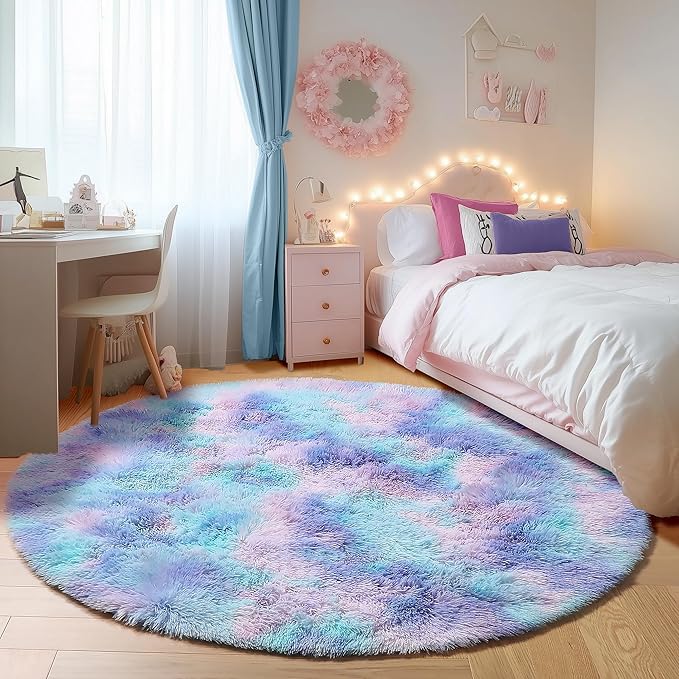 ONASAR Rainbow Round Area Rugs 6ft, Fluffy Soft Bedroom Circle Rug for Kids Girls Boys Teen Room, Plush Shaggy Floor Carpet Mats for Dorm Nursery Living Room Playroom Home Decor Aesthetic