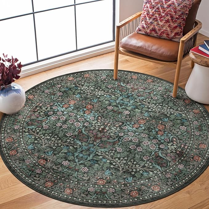 Boho Round Rug 4ft - Soft Washable Black Green Floral Round Bathroom Rug Non Slip Stain Resistant Vintage Botanical Circle Area Rugs for Living Room Bedroom Entryway Dining Room Office Nursery