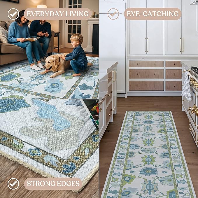 Fame Living Green Oushak Rug, Modern, Vintage, Turkish, Eclectic, Floral, Pastel, Washable, Area Rugs for Living Room, Dining, Bedroom, Nursery, Girls, Boys, 5'9"x8'9"