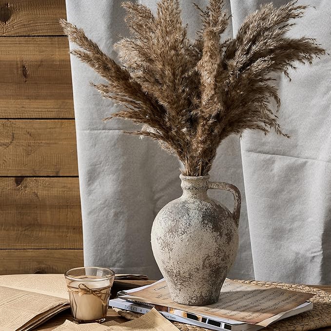 Antique Ceramic Vase, 8.3 Inch Terracotta Vase with Handle, Tuscan Decor Decorative Vase, Rustic Vase for Home Decor, Farmhouse, Living Room, Floor, Wedding, Christmas- Gray