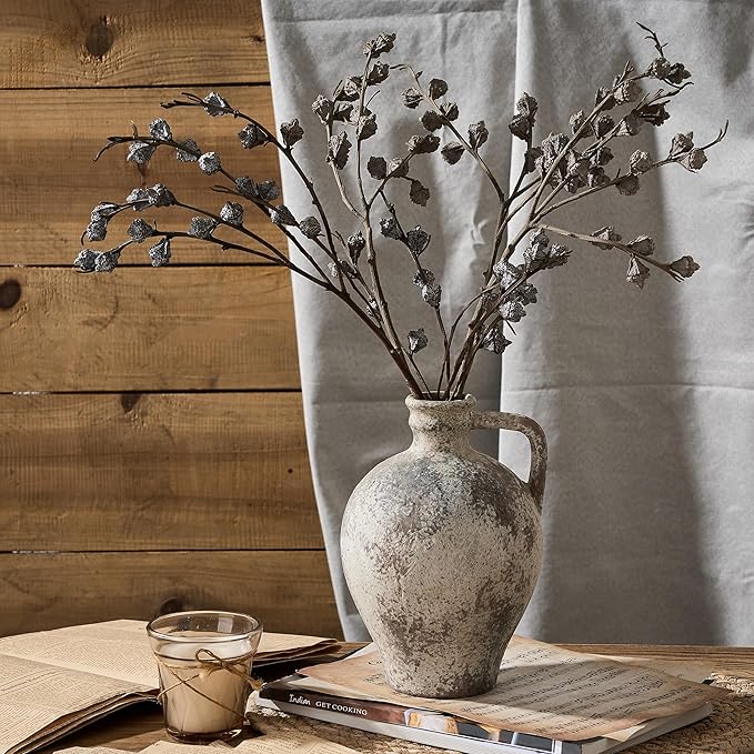 Antique Ceramic Vase, 8.3 Inch Terracotta Vase with Handle, Tuscan Decor Decorative Vase, Rustic Vase for Home Decor, Farmhouse, Living Room, Floor, Wedding, Christmas- Gray