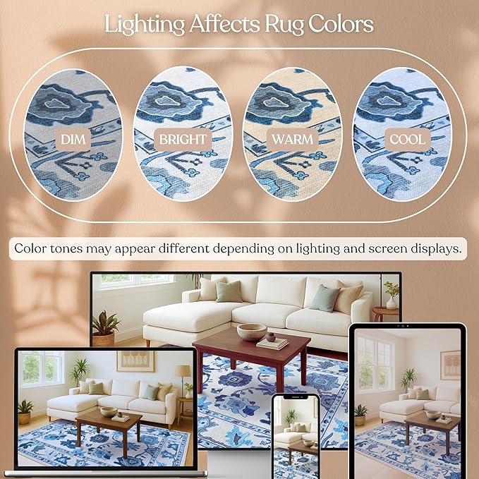 Fame Living Navy Blue Oushak Rug, Modern, Vintage, Turkish, Eclectic, Floral, Pastel, Washable, Large Area Rugs for Living Room, Dining, Bedroom, Girls, Boys, 7'5"x9'8"