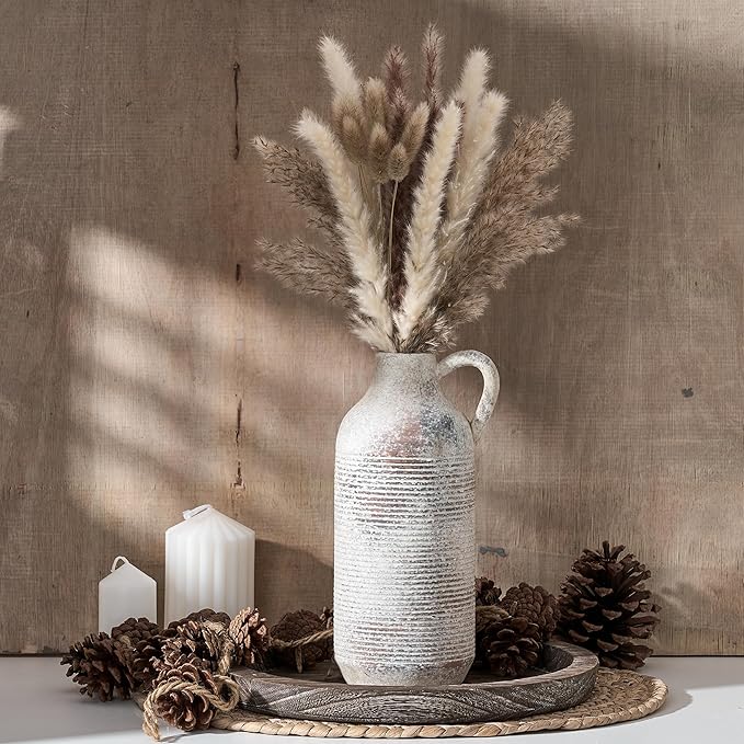 Ceramic Rustic Vase for Home Decor, Terracotta Vase with Handle, Handcrafted Vintage Decorative Flower Vase for Farmhouse, Living Room, Table, Fireplace, Nightstand - Natural Brown