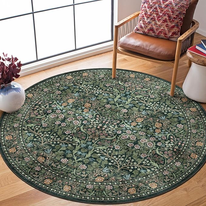 Green Round Rug 4ft - Soft Washable Boho Floral Round Bathroom Rug Non Slip Stain Resistant Vintage Botanical Circle Area Rugs for Living Room Bedroom Entryway Dining Room Office Nursery