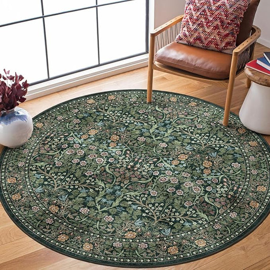 Green Round Rug 5ft - Soft Washable Boho Floral Round Bathroom Rug Non Slip 5x5 Stain Resistant Vintage Botanical Circle Area Rugs for Living Room Bedroom Entryway Dining Room Office Nursery