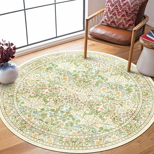 Light Green Round Rug 4ft - Soft Washable Boho Floral Round Bathroom Rug Non Slip Stain Resistant Vintage Botanical Circle Area Rugs for Living Room Bedroom Entryway Dining Room Office Nursery