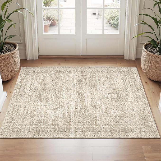 2x3 Washable Rugs for Kitchen, Floor, Entryway, Powder Room Small Area Rug Non-Slip Vintage Low Pile Throw Door Mat Beige