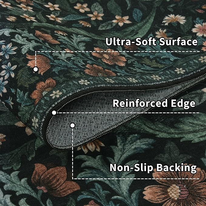 Round Rug 6ft Black Washable Floral Circle Rug,Vintage Boho Botanical Round Area Rugs, Non-Slip Soft Low-Pile Circular Carpet for Bedroom,Kids Room,College Dorm,Home Decor