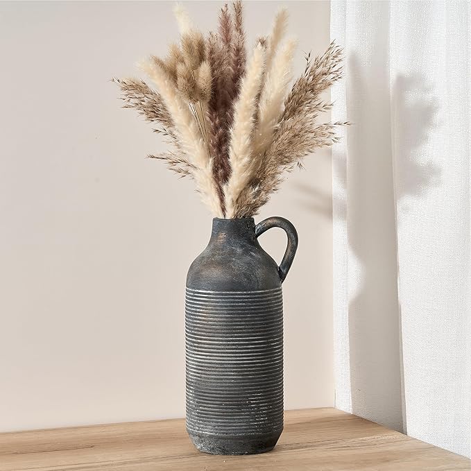 Ceramic Rustic Vase for Home Decor, Terracotta Vase with Handle, Handcrafted Vintage Decorative Flower Vase for Farmhouse, Living Room, Table, Fireplace, Nightstand - Black Bronze