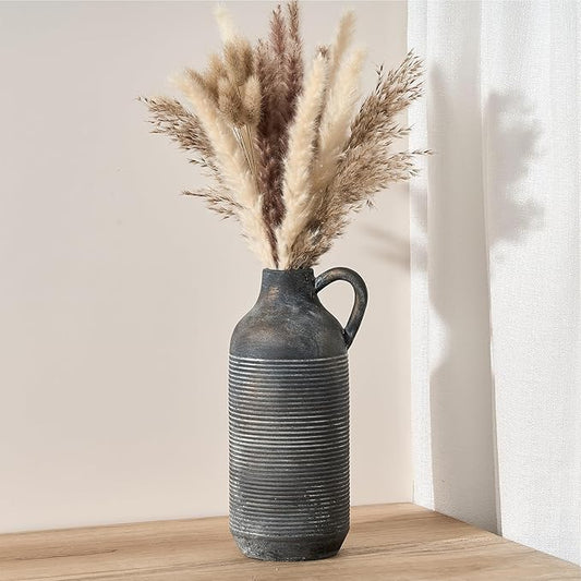 Ceramic Rustic Vase for Home Decor, Terracotta Vase with Handle, Handcrafted Vintage Decorative Flower Vase for Farmhouse, Living Room, Table, Fireplace, Nightstand - Black Bronze