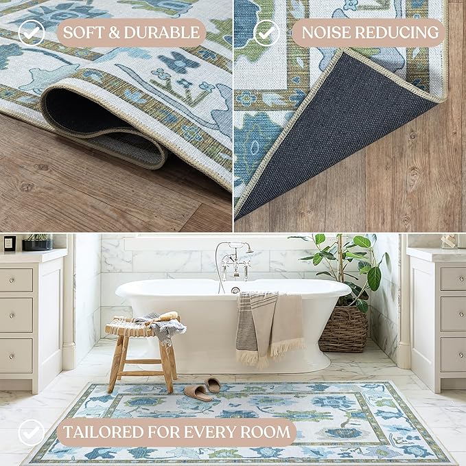 Fame Living Green Oushak Rug, Modern, Vintage, Turkish, Eclectic, Floral, Pastel, Washable, Area Rugs for Living Room, Dining, Bedroom, Nursery, Girls, Boys, 5'9"x8'9"