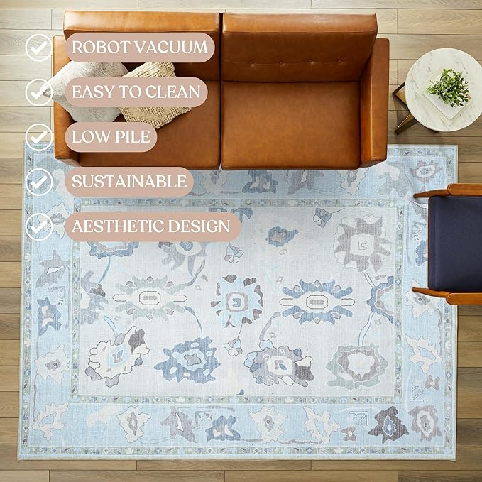 Fame Living Cream Blue Oushak Rug, Modern, Vintage, Turkish, Eclectic, Floral, Pastel, Washable, Large Area Rugs for Living Room, Dining, Bedroom, Girls, Boys, 7'5"x9'8"