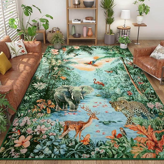 Amearea Jungle Print 5x7 Area Rug for Living Room, Washable Green Rugs for Bedroom, Forest Animal Rug Low Pile Kids Nursery Room Rug, Leopard Rugs Carpet for Boys Girls Playroom Dining Room Decor