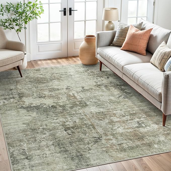 Area Rug 6x9 Abstract Living Room Washable Rugs Green Black Non Slip Low Pile Carpet for Bedroom Dining Room Foldable Thin