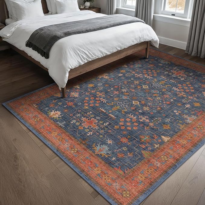 Navy Blue Area Rug 5x7 Living Room Rug - Machine Washable Rugs for Bedroom, Dining Room, Kitchen Floor, Small Office, Low Pile Non-Slip Rubber Backing & Stain Resistance