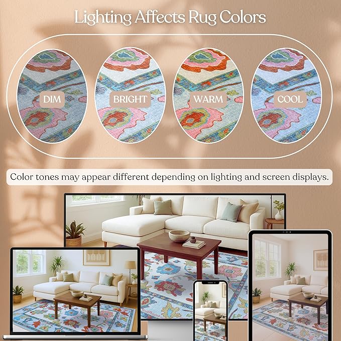 Fame Living Colorful Oushak Rug, Modern, Vintage, Turkish, Eclectic, Floral, Pastel, Washable, Large Area Rugs for Living Room, Dining, Bedroom, Girls, Boys, 7'5"x9'8"